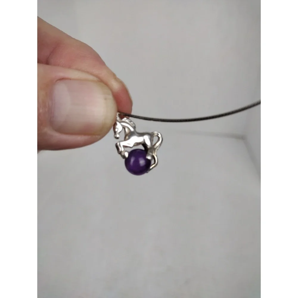 925 Sterling Silver Dyed Purple Agate Rearing Horse CHILD'S Choker Necklace